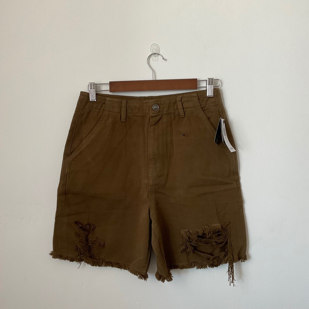 Earnest Sewn Alice Shorts‎ Womens 27 Brown New Distressed High Rise Cotton Twill